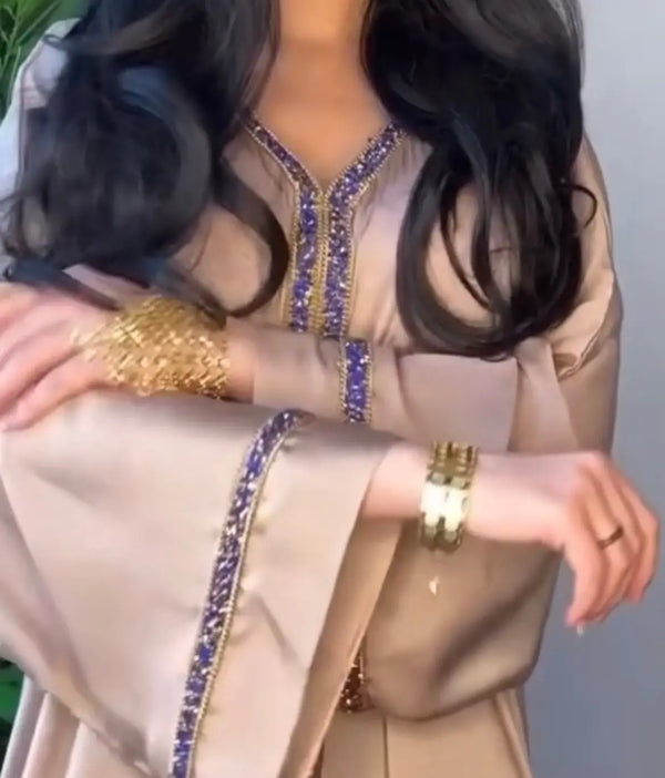 Luxury Champagne Beige Abaya with Royal Blue Embellished Trim - Abaya With Hijab – Luxe Modest Wear ABAYA ONLINE