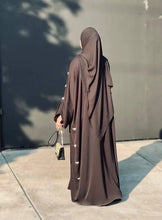 Brown Abaya – Luxe Shine, Modest Silhouette With Hijab -A seasonal staple in soft brown. ABAYA ONLINE