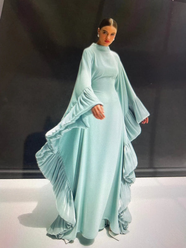 Light Blue Pleated Abaya – High Neck Flowing Design with Sculptural Sleeves ABAYA ONLINE
