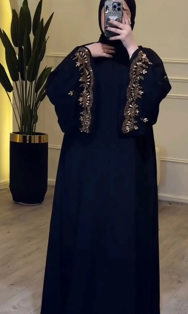 Elegant Embroidered  Black & Gold Abaya With Hijab & Zip-| Luxury Modest Fashion for Women -Luxurious Detailing ABAYA ONLINE