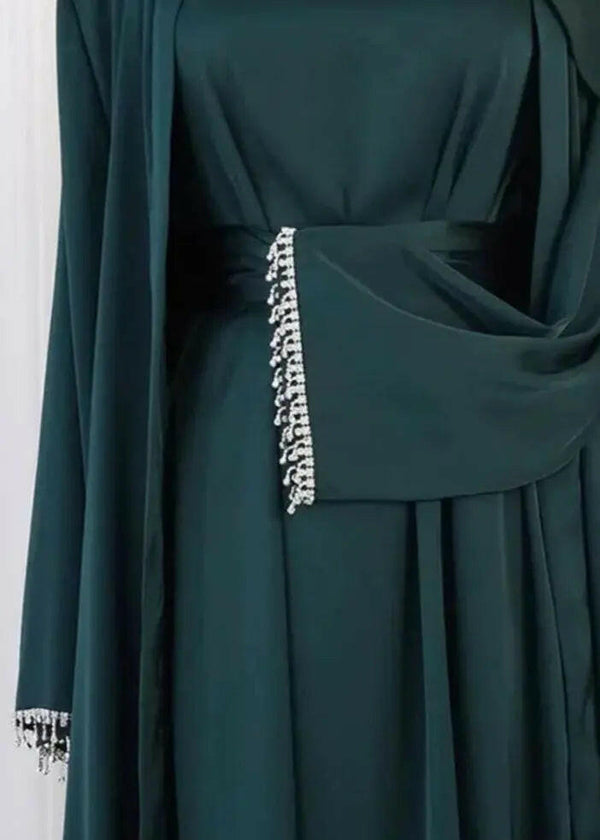 GREEN EMERALD DUBAI 4 PEICE OPEN FRONT ABAYA DRESS  WITH BELT + HIJAB VEIL FOR DAILY WEAR