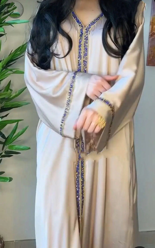 Luxury Champagne Beige Abaya with Royal Blue Embellished Trim - Abaya With Hijab – Luxe Modest Wear ABAYA ONLINE