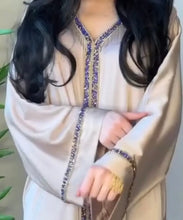Luxury Champagne Beige Abaya with Royal Blue Embellished Trim - Abaya With Hijab – Luxe Modest Wear ABAYA ONLINE
