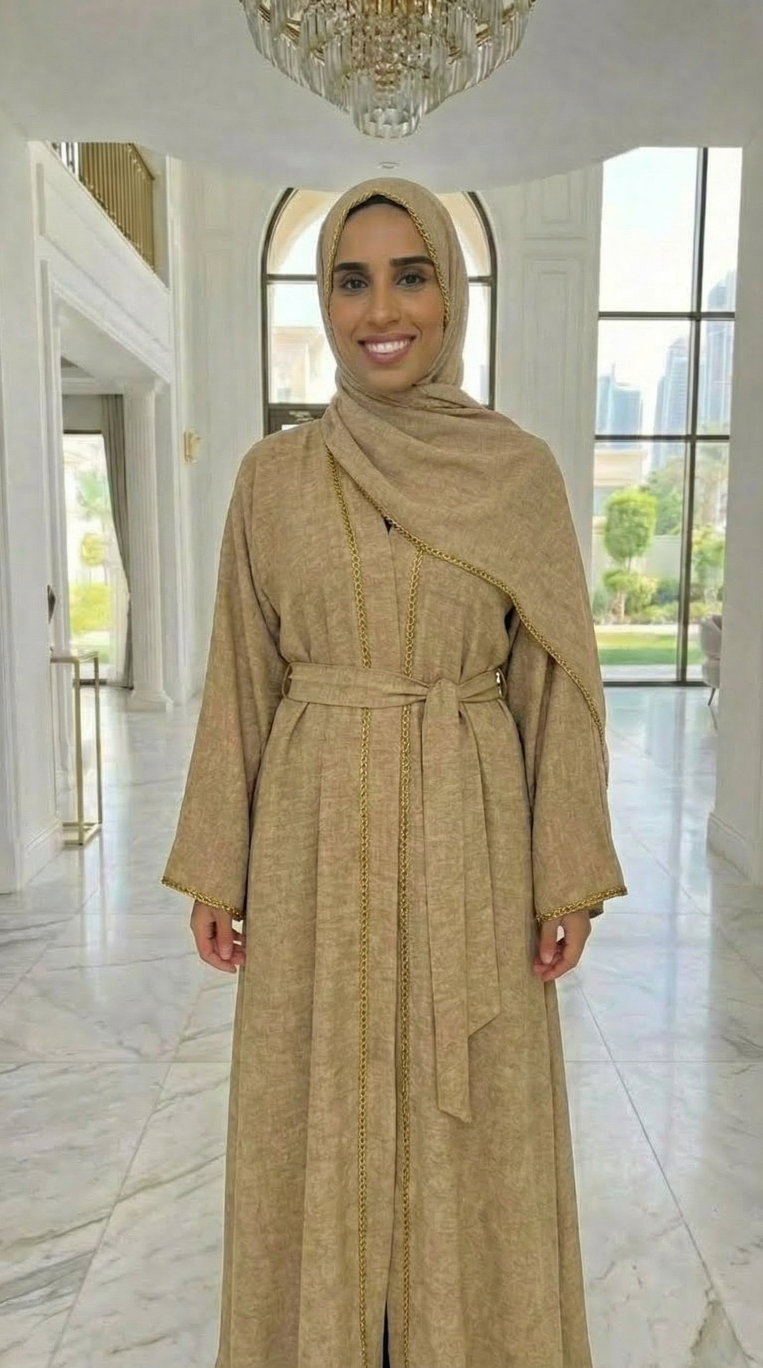 BEIGE ELEGANCE SILK ABAYA & HIJAB SET DUBAI