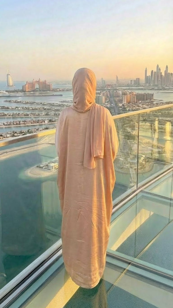 BEIGE SILK ABAYA & HIJAB SET DUBAI