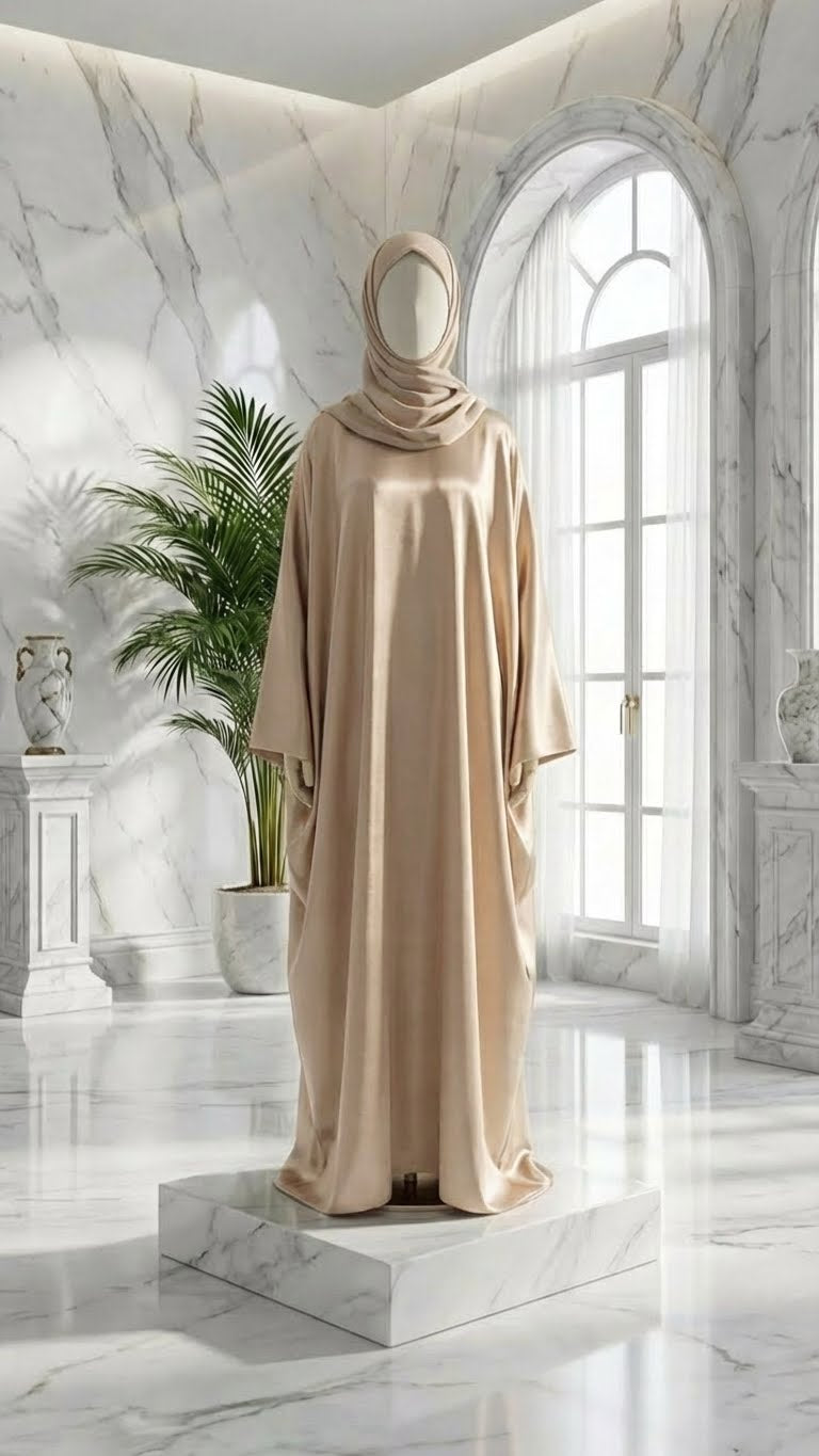 BEIGE SILK DUBAI ABAYA & HIJAB SET
