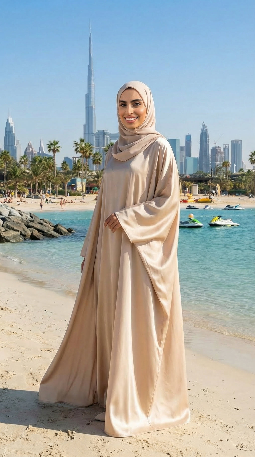 BEIGE SILK DUBAI ABAYA & HIJAB SET