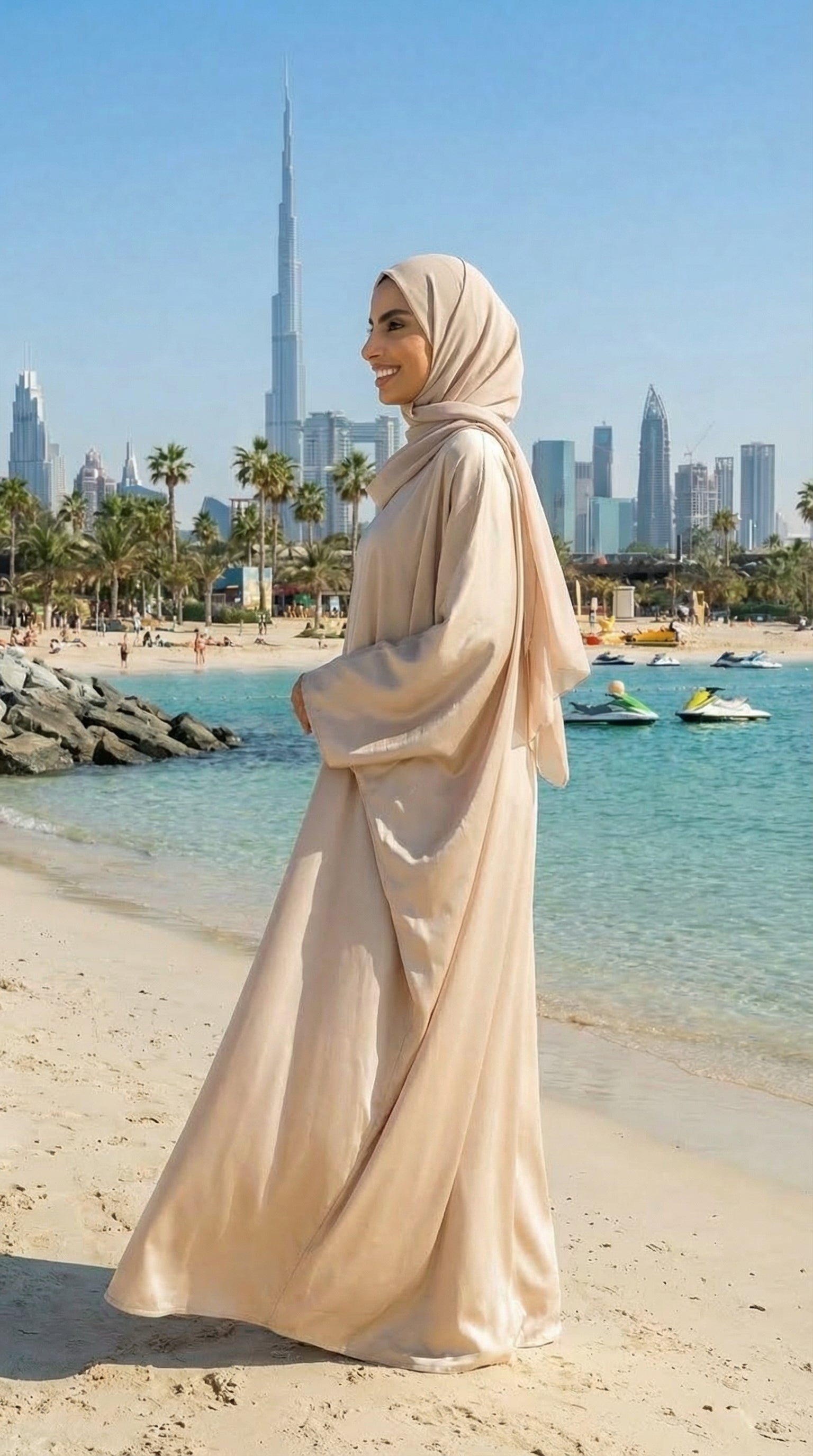 BEIGE SILK DUBAI ABAYA & HIJAB SET