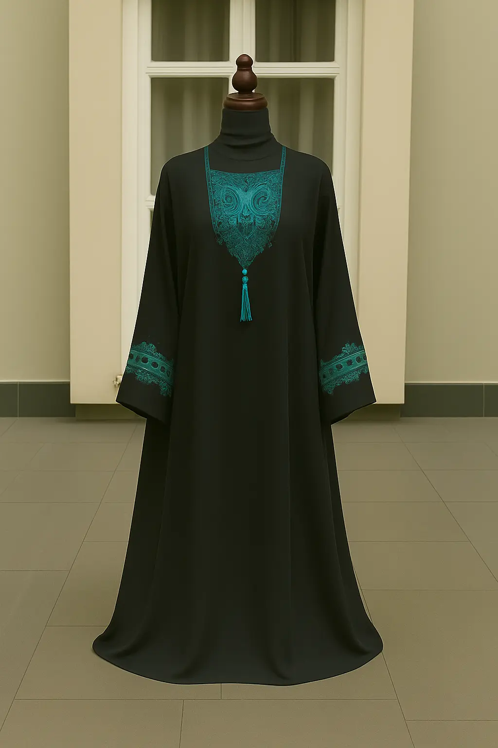 BLACK & EMERALD GREEN EMBROIDERED ABAYA & HIJAB SET ABAYA ONLINE