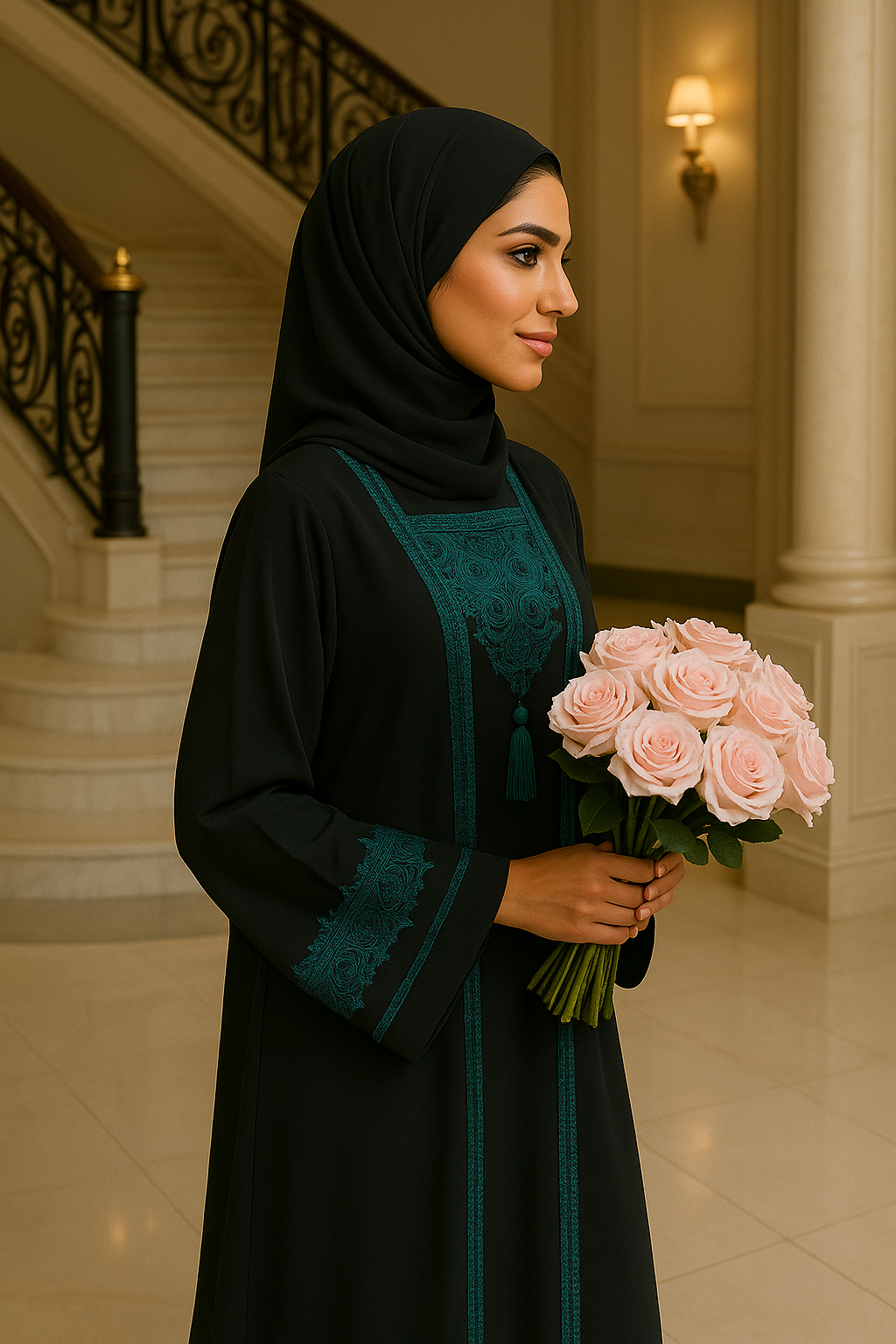 BLACK & EMERALD GREEN EMBROIDERED ABAYA & HIJAB SET