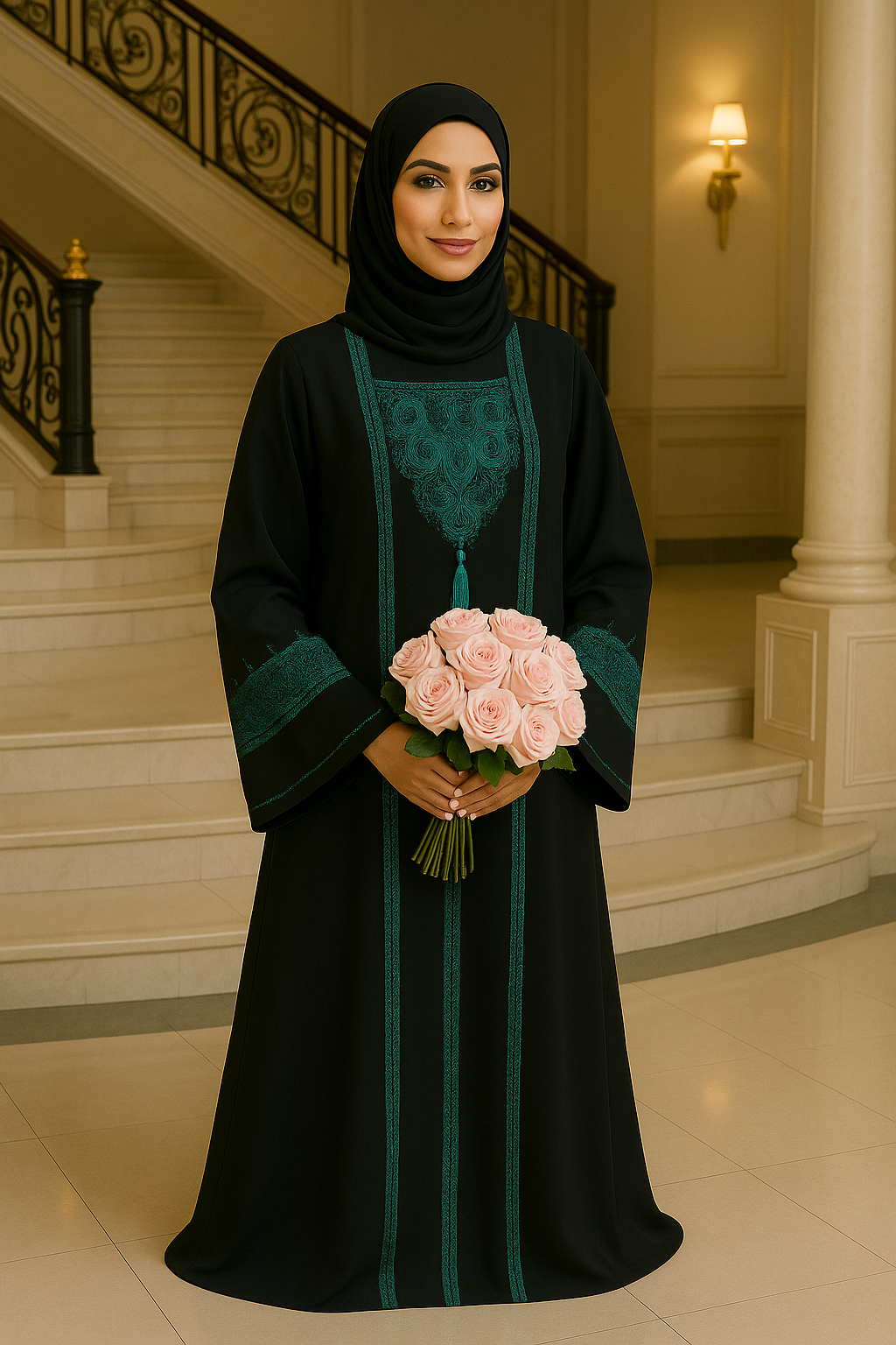 BLACK & EMERALD GREEN EMBROIDERED ABAYA & HIJAB SET
