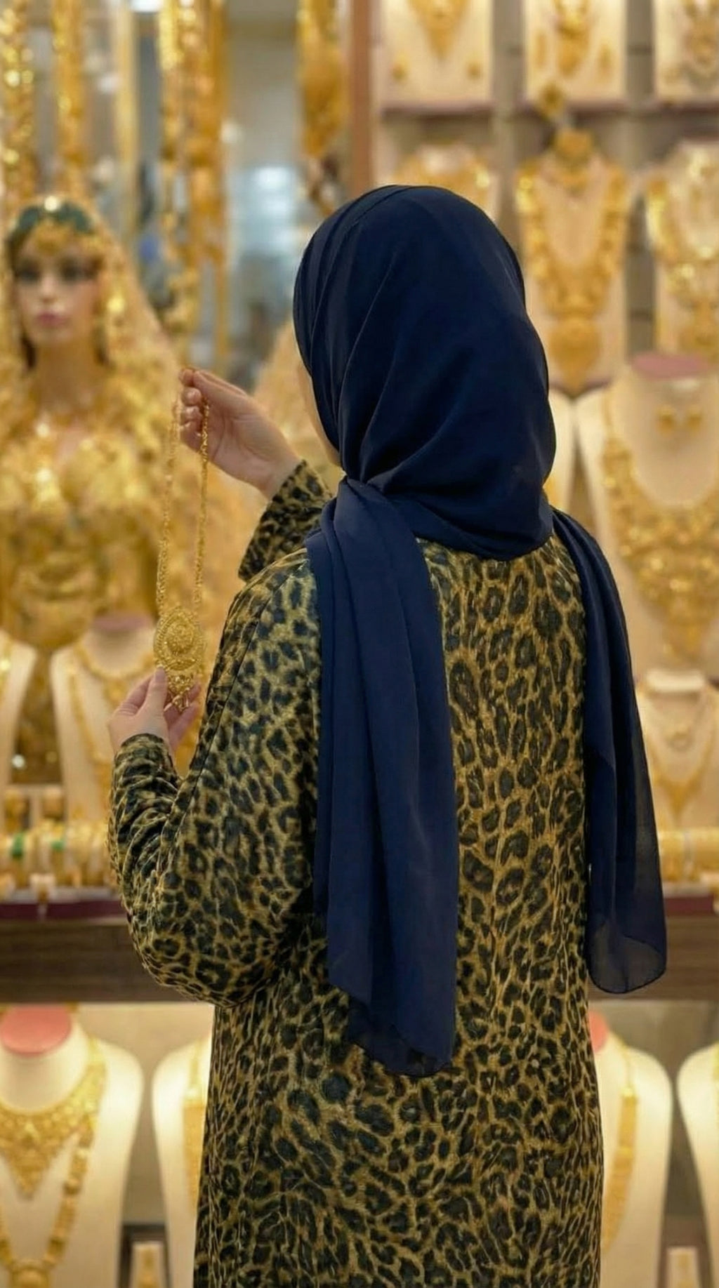 Muslim woman wearing a abaya online leopard abaya dress and hijab in Dubai