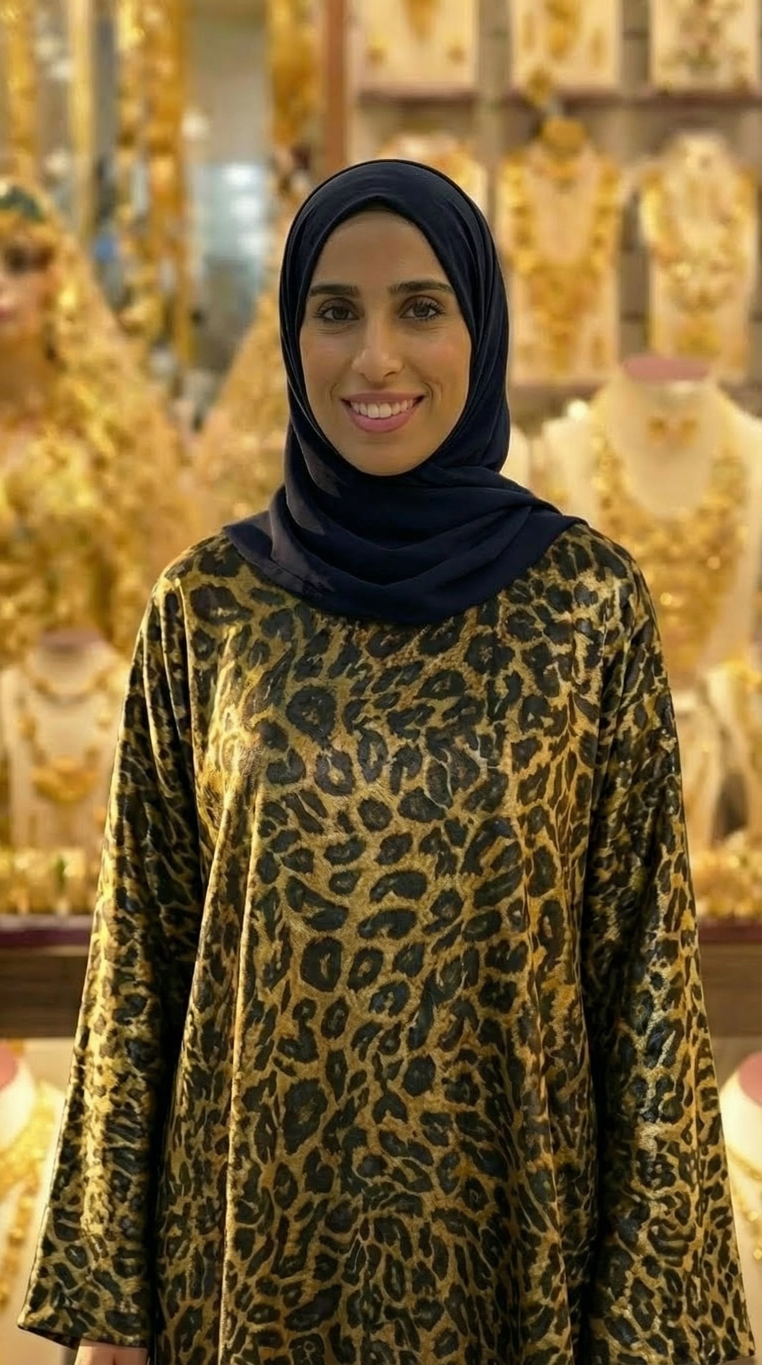 Muslim Woman wearing a leopard print Dubai abaya dress with a black hijab in front of gold jewelry displays.