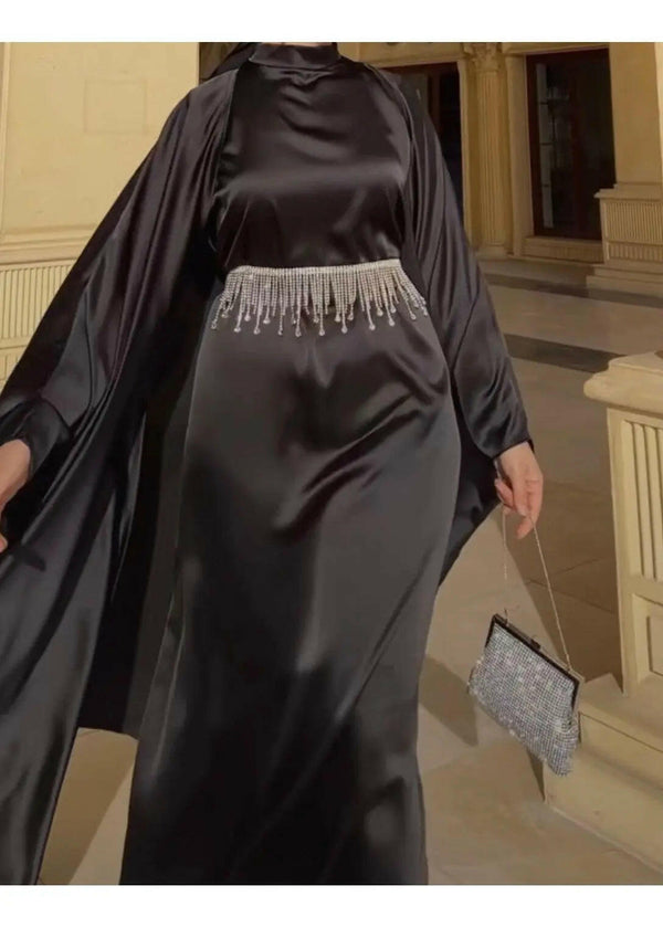 Abaya fashion open front abaya black color with diamond belt + Hijab made in Dubai for daily life and special occasions suitable for all women and outings 