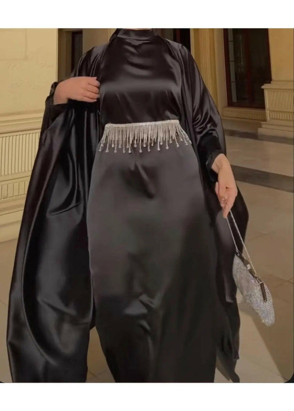 Abaya fashion open front abaya black color with diamond belt + Hijab made in Dubai for daily life and special occasions suitable for all women and outings 