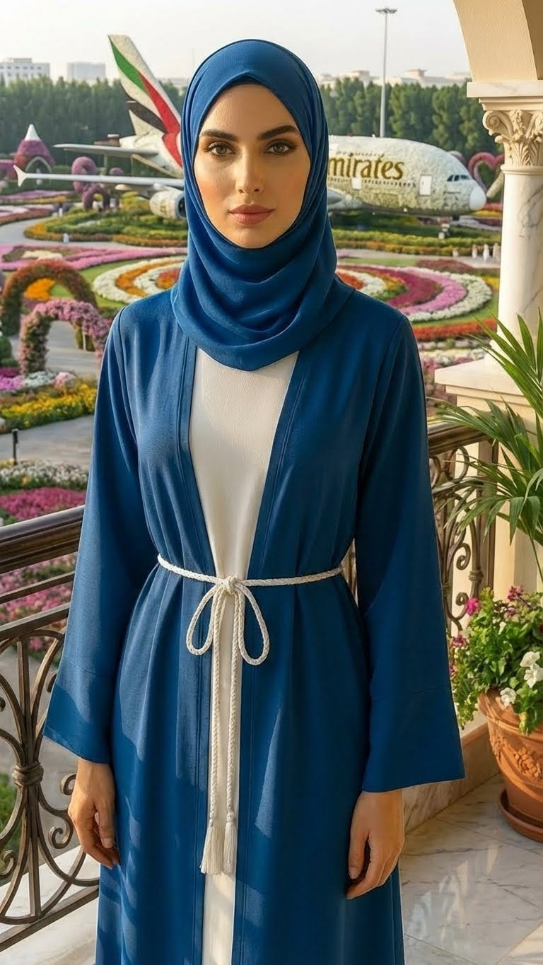 Olivgrünes 4-teiliges Abaya aus Seidensatin mit offener Vorderseite und Kleid, Kimono + Gürtel + Hijab, Schleier für Damen, arabische Frauen