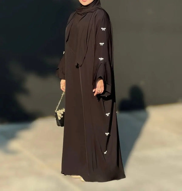 Brown Abaya – Luxe Shine, Modest Silhouette With Hijab -A seasonal staple in soft brown. ABAYA ONLINE