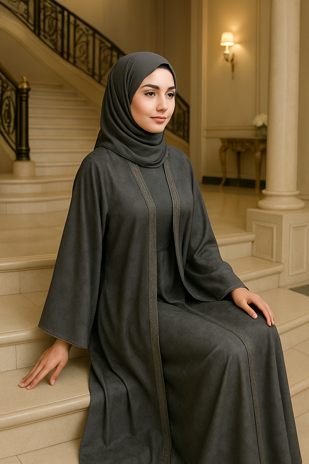 CHARCOAL DARK GRAY BUTTERFLY ABAYA & HIJAB SET