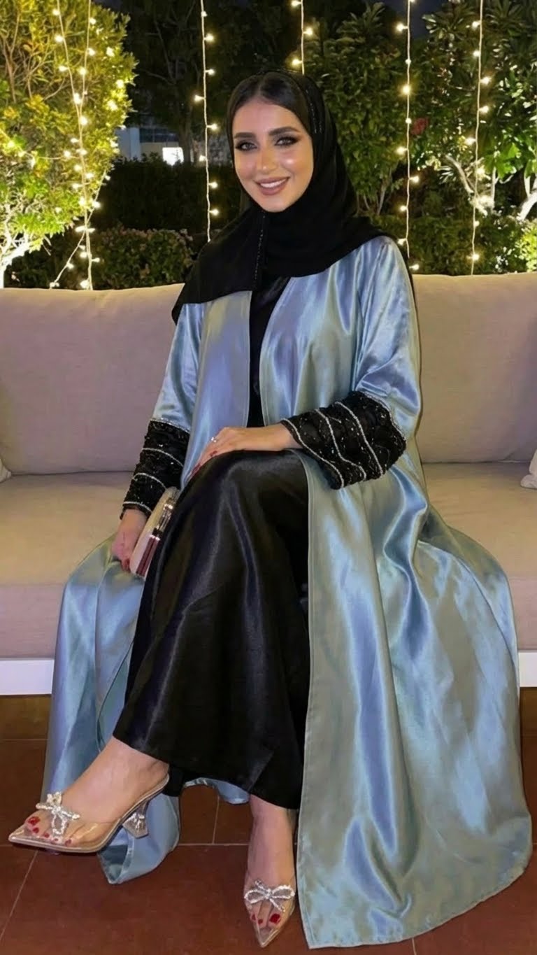 CLASSY ZARA BLUE & BLACK SILK ABAYA HIJAB SET