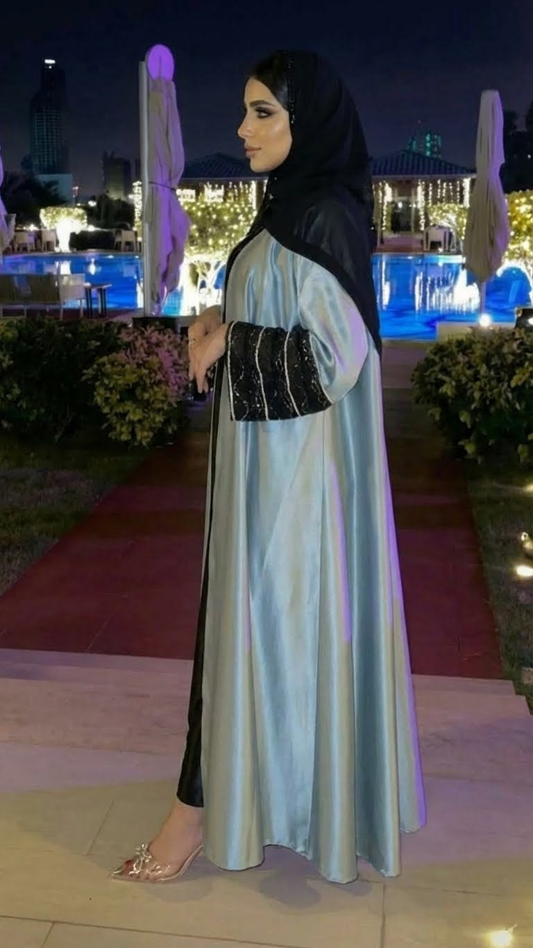 CLASSY ZARA BLUE & BLACK SILK ABAYA HIJAB SET