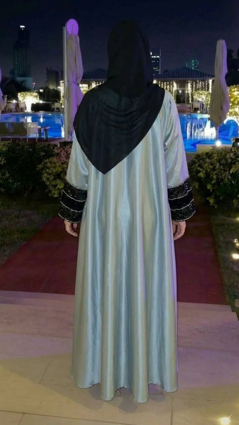 CLASSY ZARA BLUE & BLACK SILK ABAYA HIJAB SET
