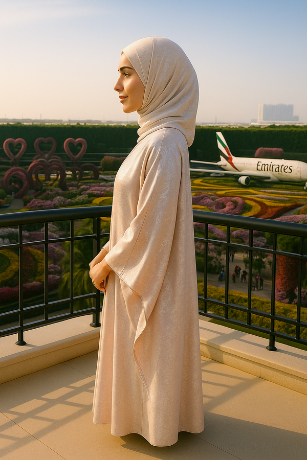 CREAM PINK VELVET BUTTERFLY ABAYA & HIJAB SET