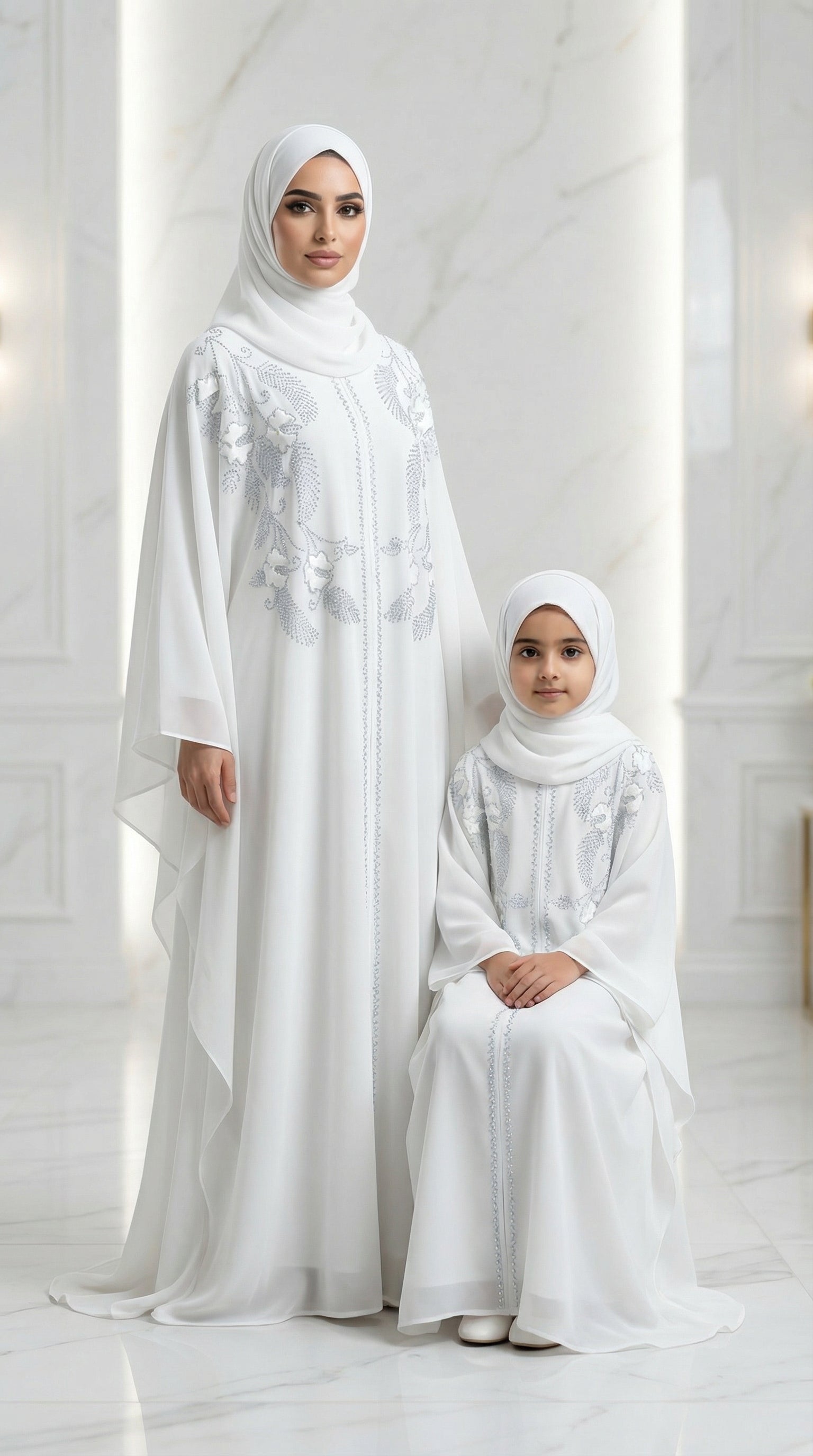 Classic White matching Abaya sets mother + daughter