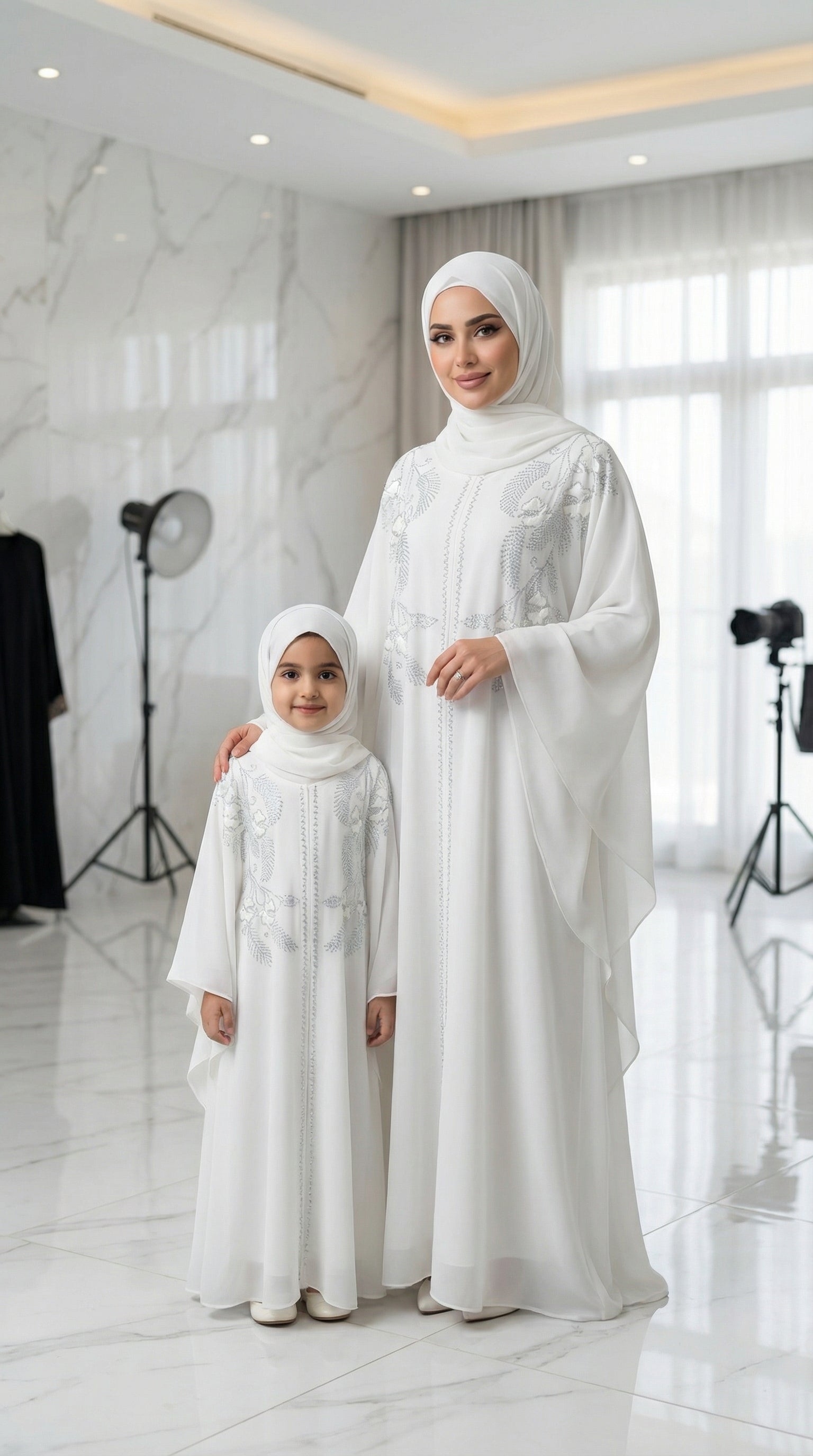 Classic White matching Abaya sets mother + daughter