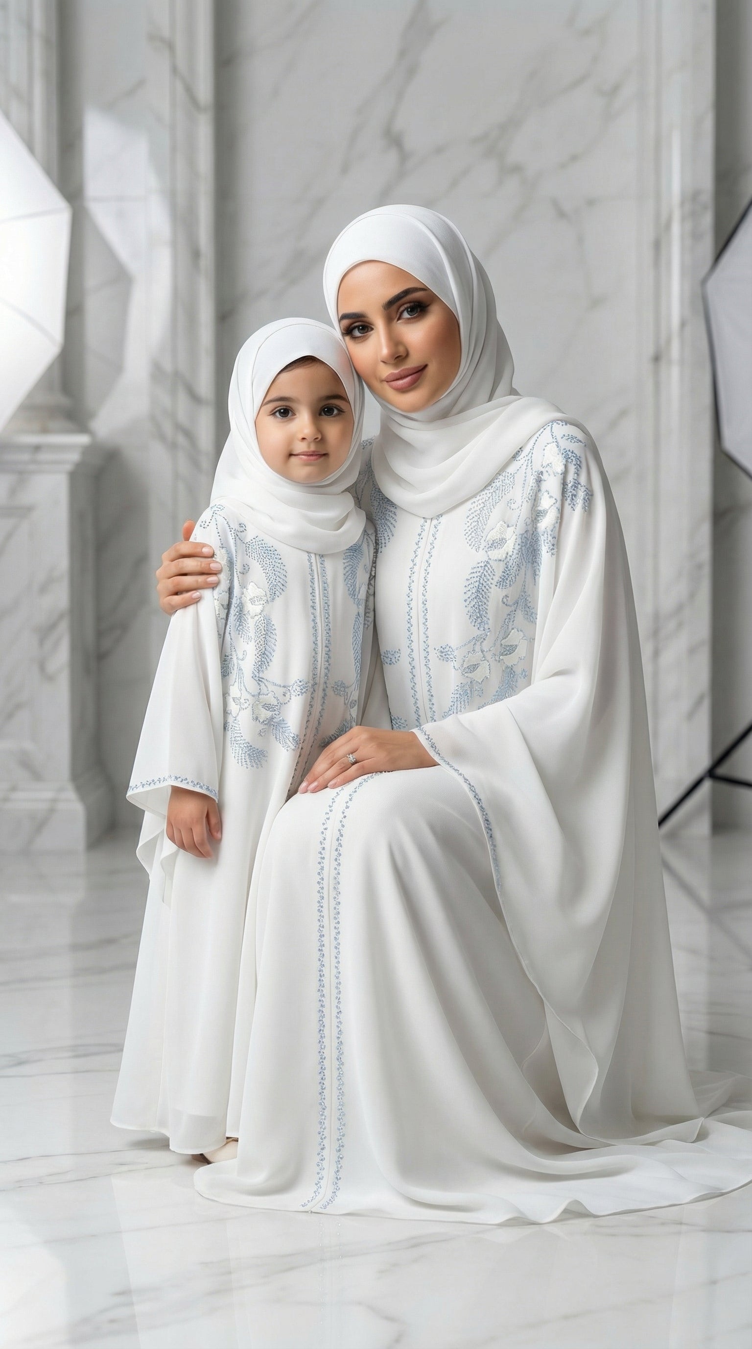 Classic White matching Abaya sets mother + daughter