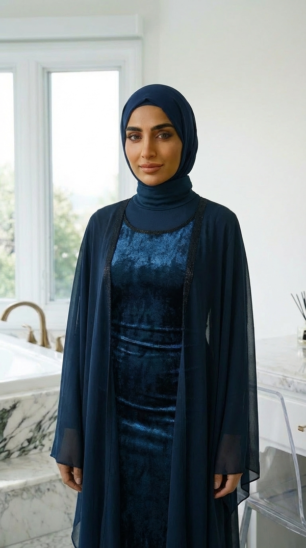 DARK BLUE VELVET ABAYA & HIJAB SET