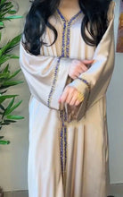 Luxury Champagne Beige Abaya with Royal Blue Embellished Trim - Abaya With Hijab – Luxe Modest Wear ABAYA ONLINE