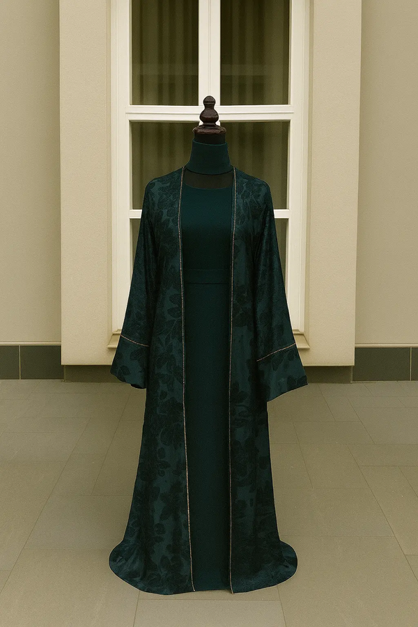 DARK GREEN TEXTURED ABAYA & HIJAB SET ABAYA ONLINE