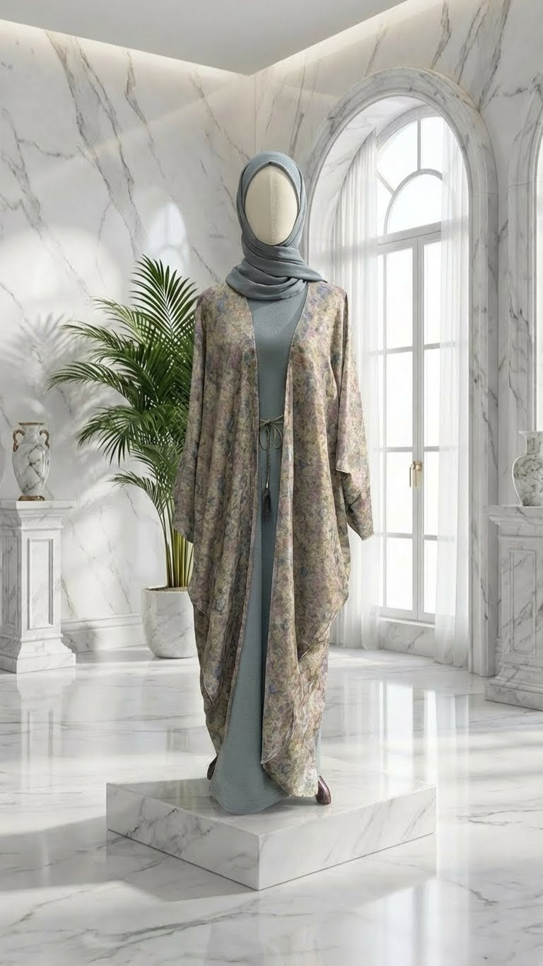 Olivgrünes 4-teiliges Abaya aus Seidensatin mit offener Vorderseite und Kleid, Kimono + Gürtel + Hijab, Schleier für Damen, arabische Frauen