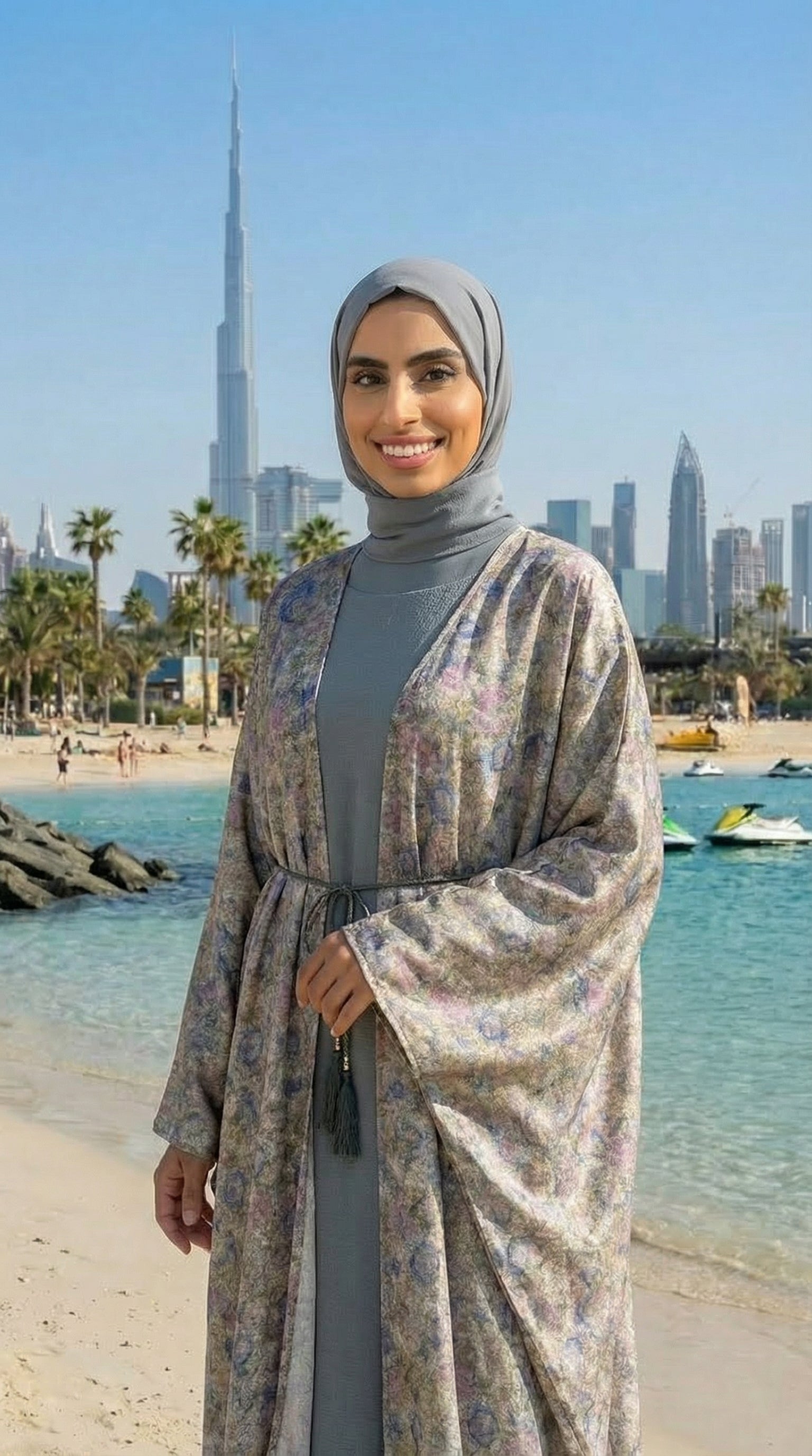 Olivgrünes 4-teiliges Abaya aus Seidensatin mit offener Vorderseite und Kleid, Kimono + Gürtel + Hijab, Schleier für Damen, arabische Frauen