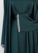 GREEN EMERALD DUBAI 4 PEICE OPEN FRONT ABAYA DRESS  WITH BELT + HIJAB VEIL FOR DAILY WEAR