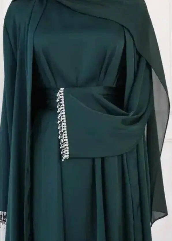 GREEN EMERALD DUBAI 4 PEICE OPEN FRONT ABAYA DRESS  WITH BELT + HIJAB VEIL FOR DAILY WEAR