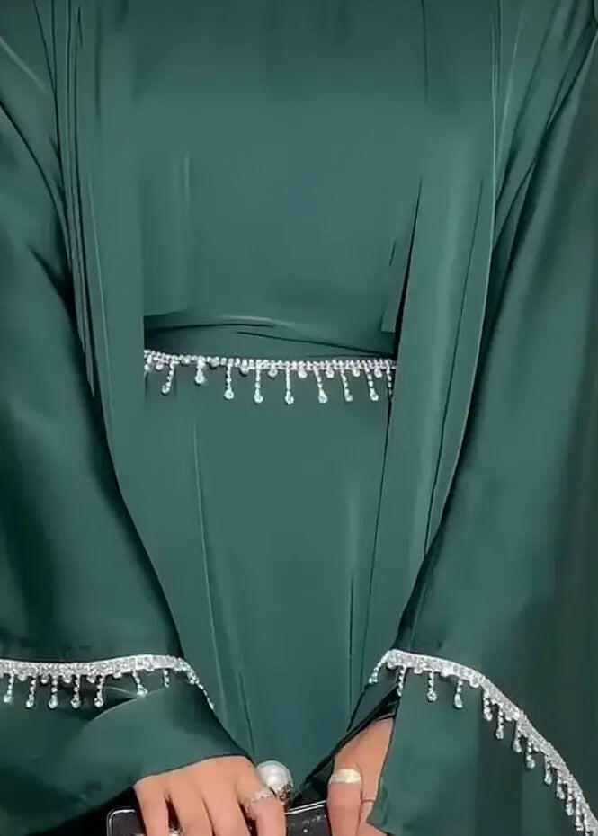 GREEN EMERALD DUBAI 4 PEICE OPEN FRONT ABAYA DRESS  WITH BELT + HIJAB VEIL FOR DAILY WEAR