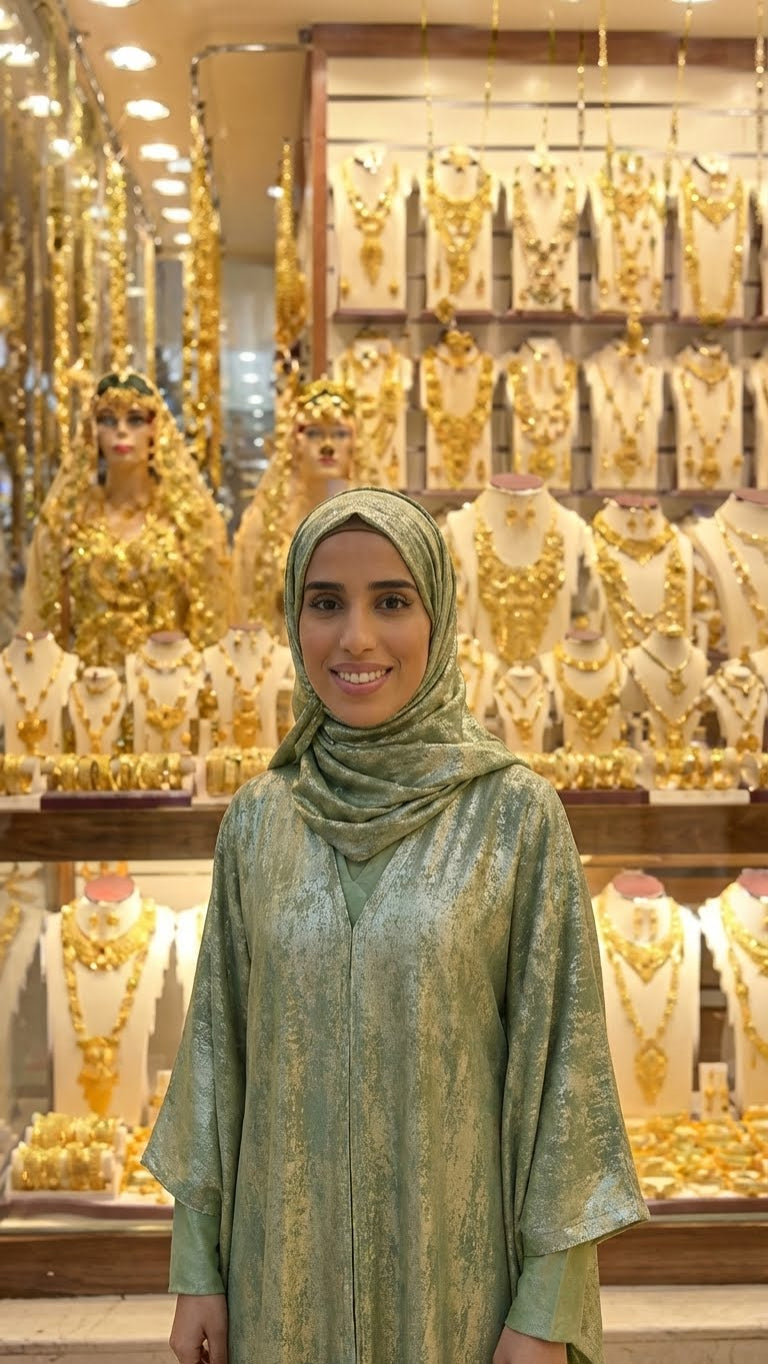 GREEN SATIN FOIL PRINTED ABAYA & HIJAB SET DUBAI