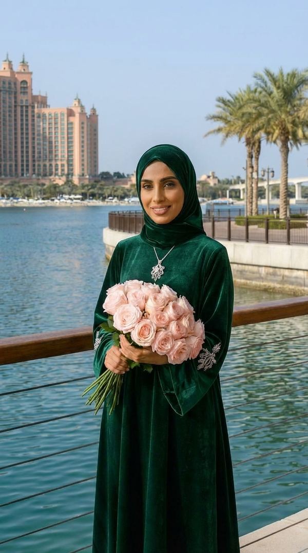 GREEN VELVET ABAYA & HIJAB SET