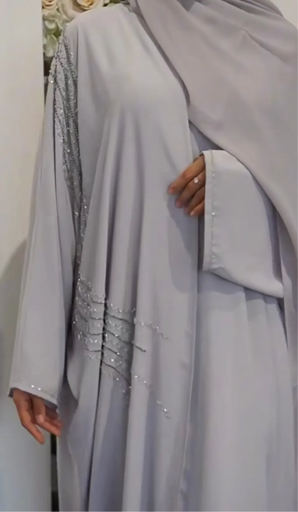 Elegant Grey Embellished Abaya with Matching Hijab– Crystal Detailing ABAYA ONLINE