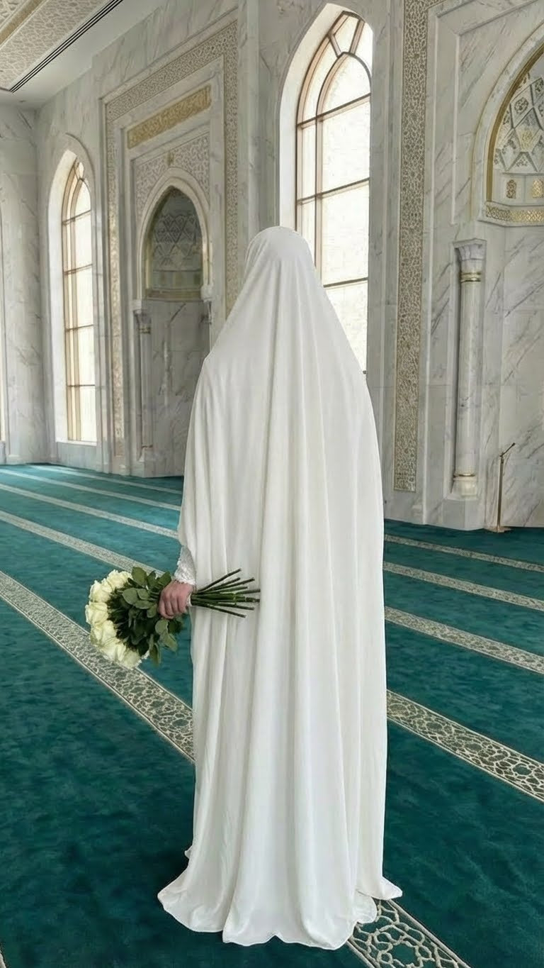 Eleganter einteiliger Jilbab aus luxuriösem Stoff mit gesmokten Ärmeln und integriertem Mundstück. Hergestellt in Dubai für den täglichen Gebrauch.