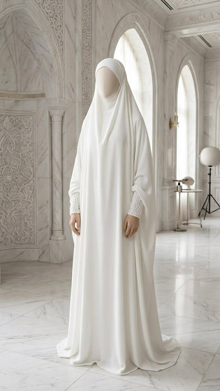 Eleganter einteiliger Jilbab aus luxuriösem Stoff mit gesmokten Ärmeln und integriertem Mundstück. Hergestellt in Dubai für den täglichen Gebrauch.