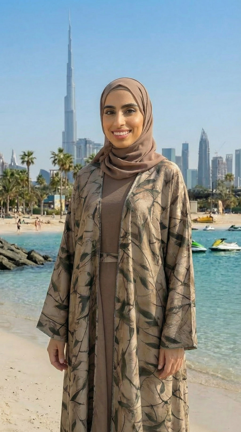 Olivgrünes 4-teiliges Abaya aus Seidensatin mit offener Vorderseite und Kleid, Kimono + Gürtel + Hijab, Schleier für Damen, arabische Frauen