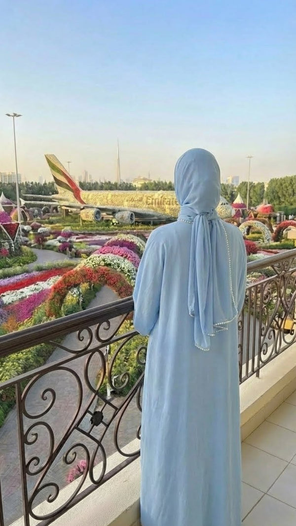 PASTEL BLUE FOIL BUTTERFLY ABAYA & HIJAB SET DUBAI