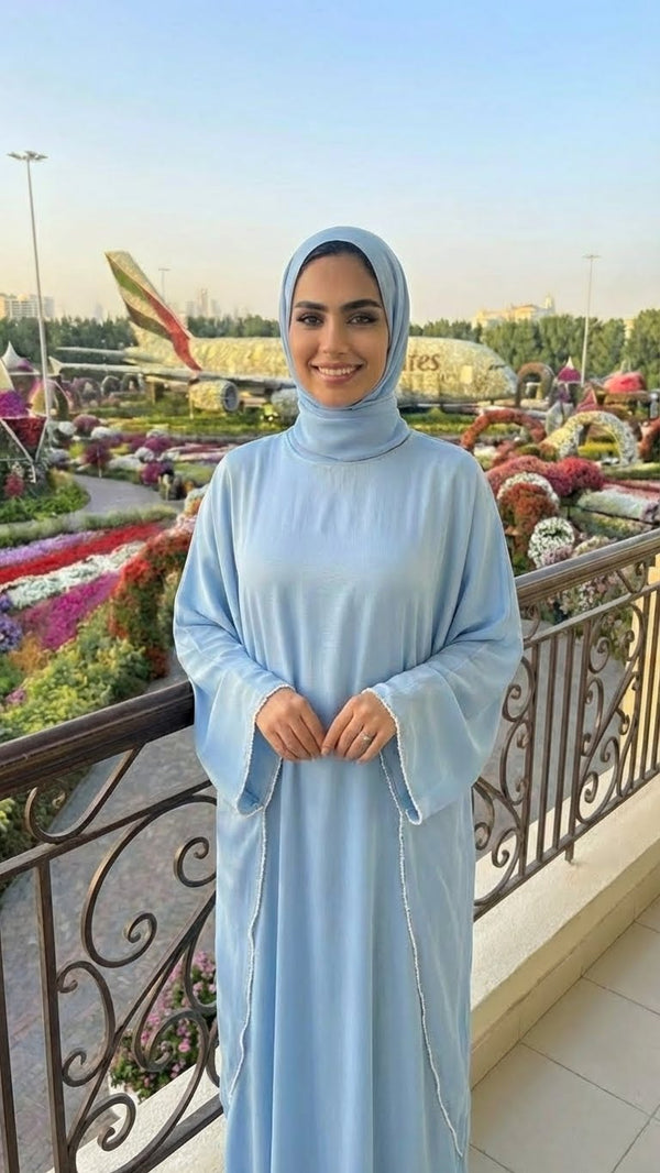 PASTEL BLUE FOIL BUTTERFLY ABAYA & HIJAB SET DUBAI