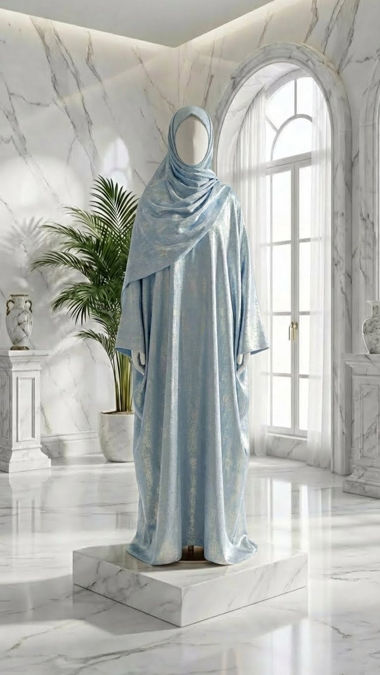 PASTEL BLUE FOIL BUTTERFLY ABAYA & HIJAB SET DUBAI