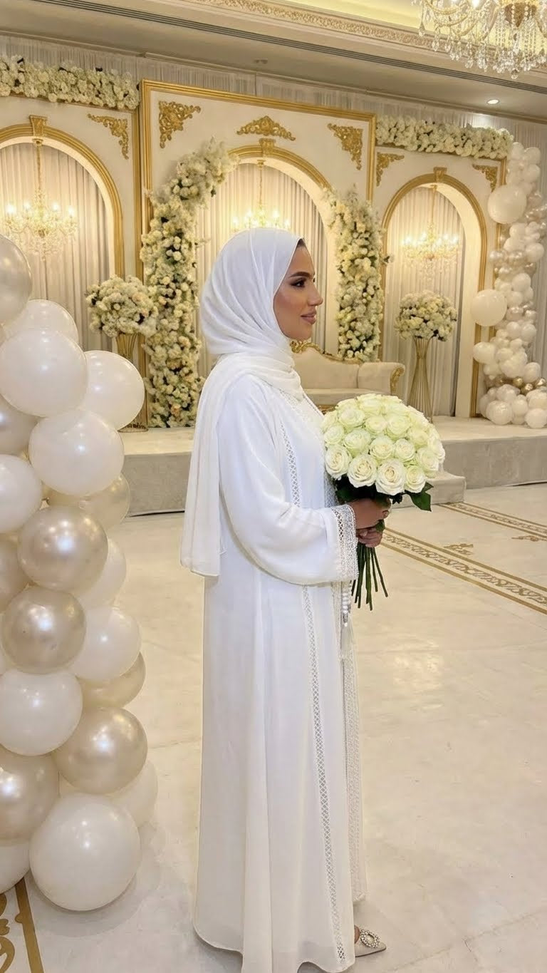 PURE PEARL WHITE BRIDAL ABAYA & HIJAB SET