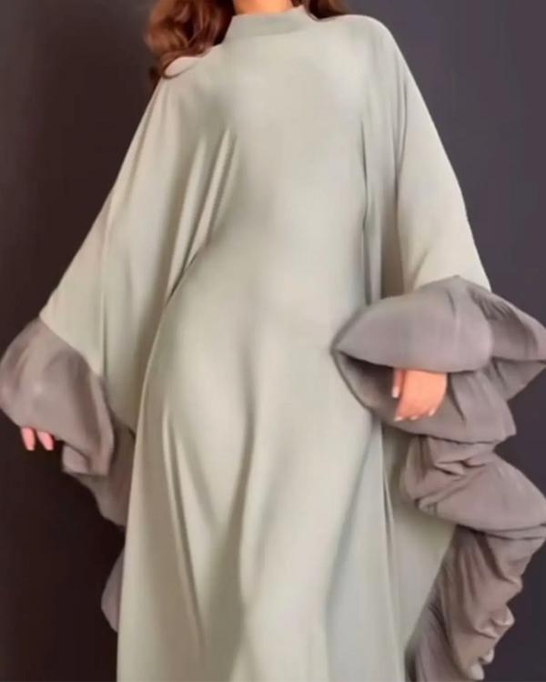 Elegant Sage Green Flowing Forsha Abaya with Layered Ruffle Sleeves ABAYA ONLINE