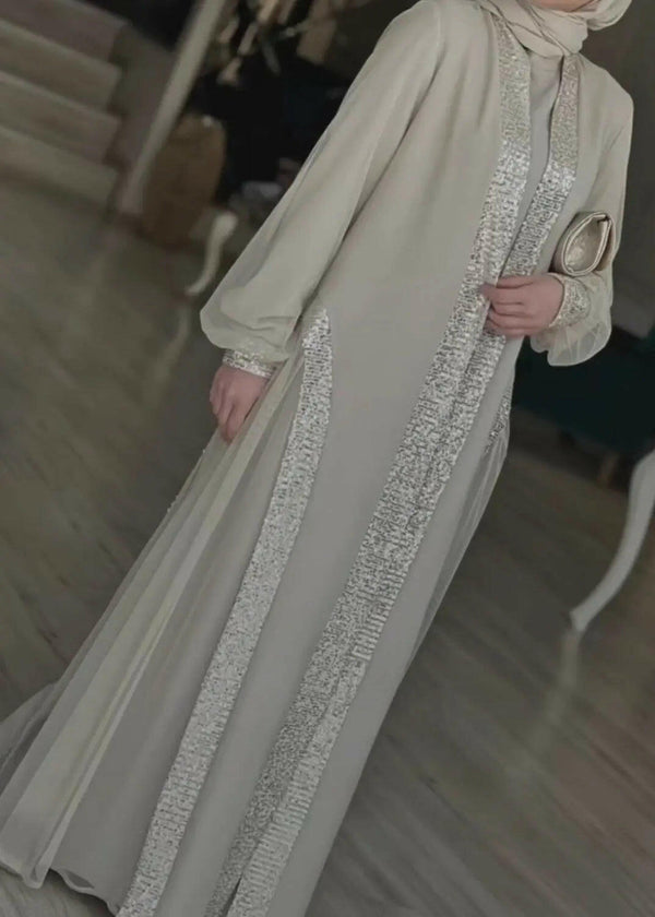 Elegant style open front silver abaya dress with sparkles for all occasions and daily life plus outings 