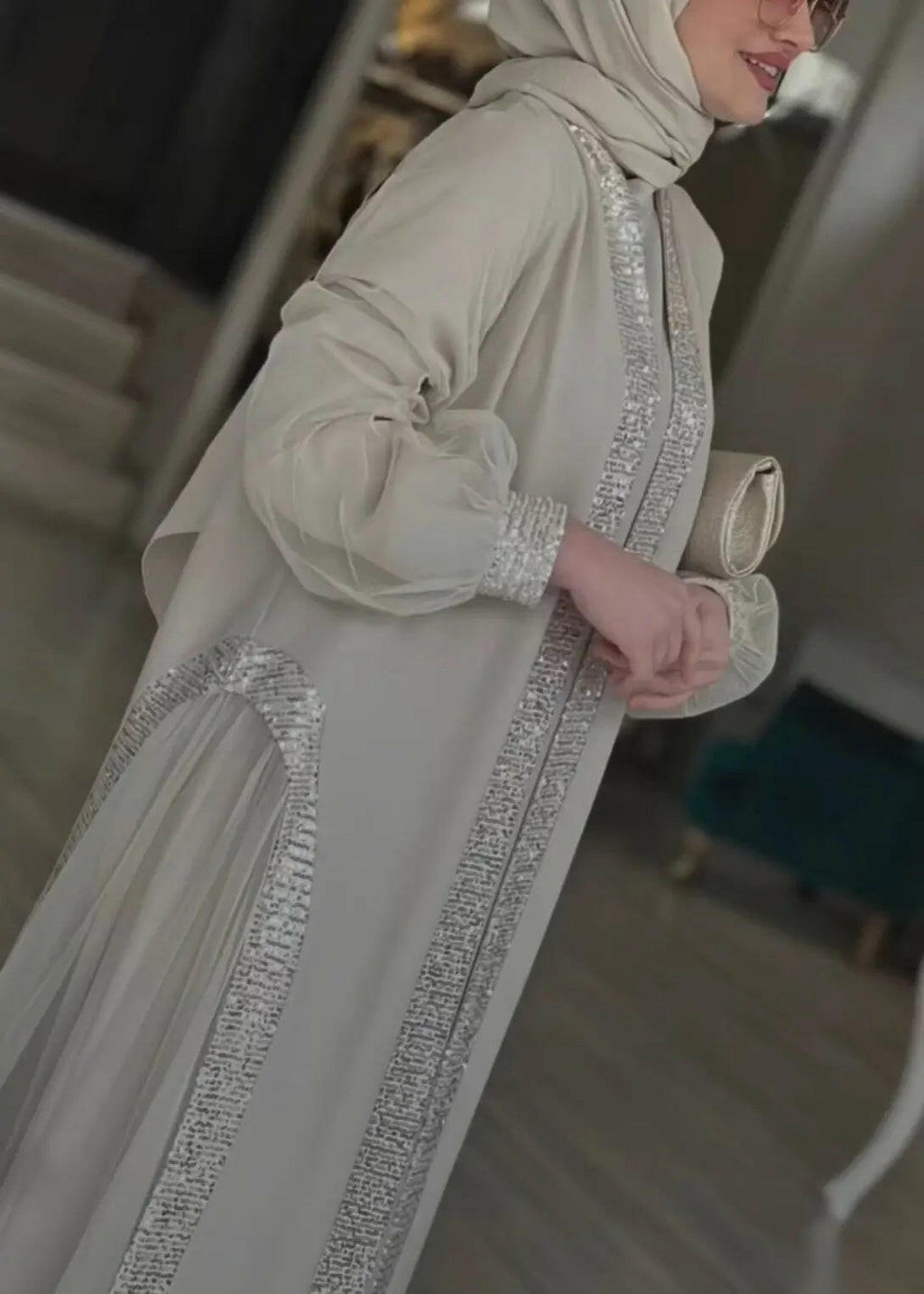 Elegant style open front silver abaya dress with sparkles for all occasions and daily life plus outings 